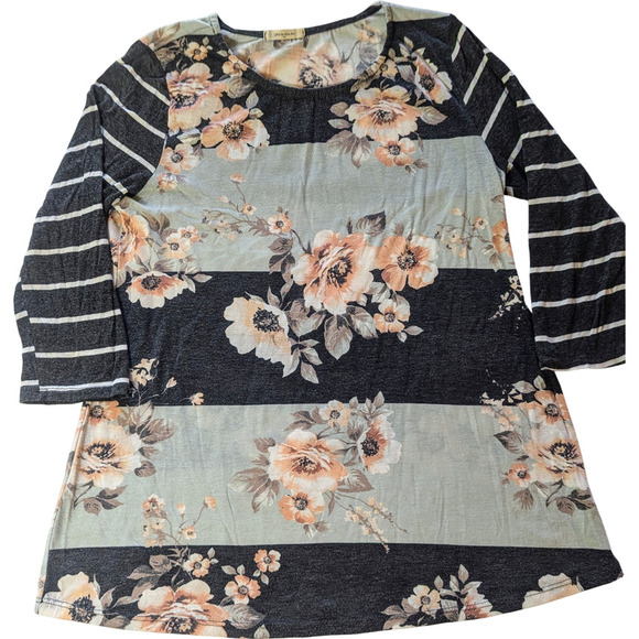 12 PM By Mon Ami Women's Floral Striped 3/4 Sleeve Top, Blue, Size Medium - Picture 2 of 6